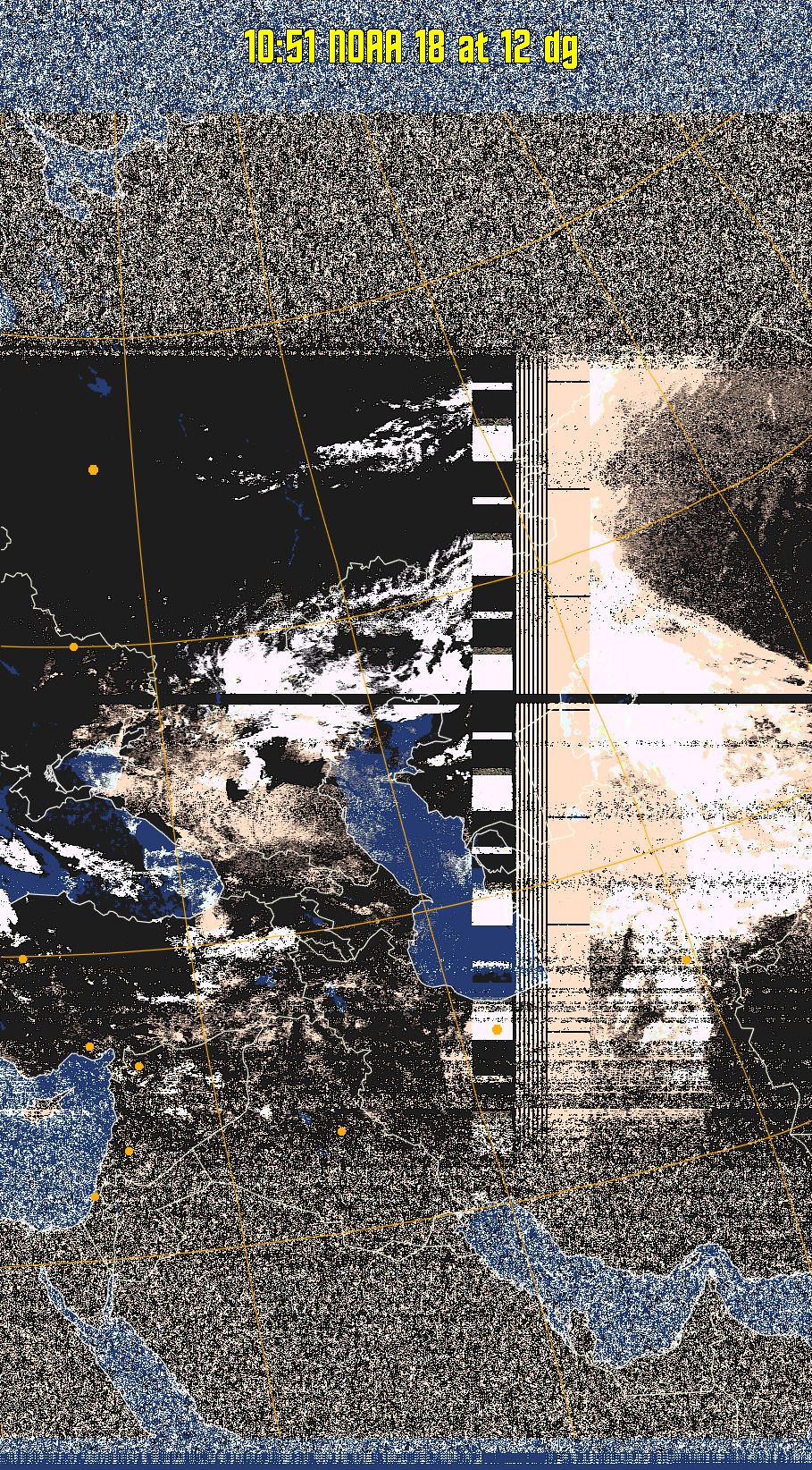 HVCT:
Similar to HVC, but with blue water and with colours more indicative of
land temperatures.
HVC:
Creates a false colour image from NOAA APT images based on temperature using
the HVC colour model. Uses the temperature derived from the sensor 4 image to
select the hue and the brightness from the histogram equalised other image to
select the value and chroma. The HVC colour model attempts to ensure that different colours at the same value will appear to the eye to be the same brightness
and the spacing between colours representing each degree will appear to the eye to
be similar. Bright areas are completely unsaturated in this model.