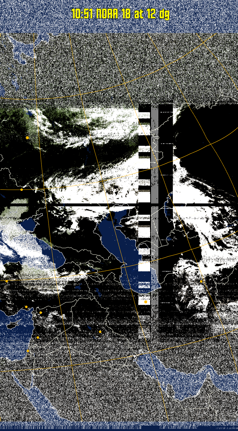 MCIR-precip: 
Colours the NOAA sensor 4 IR image using a map to colour the sea blue and land
green. High clouds appear white, lower clouds gray or land/sea coloured, clouds
generally appear lighter, but distinguishing between land/sea and low cloud may
be difficult. Darker colours indicate warmer regions.