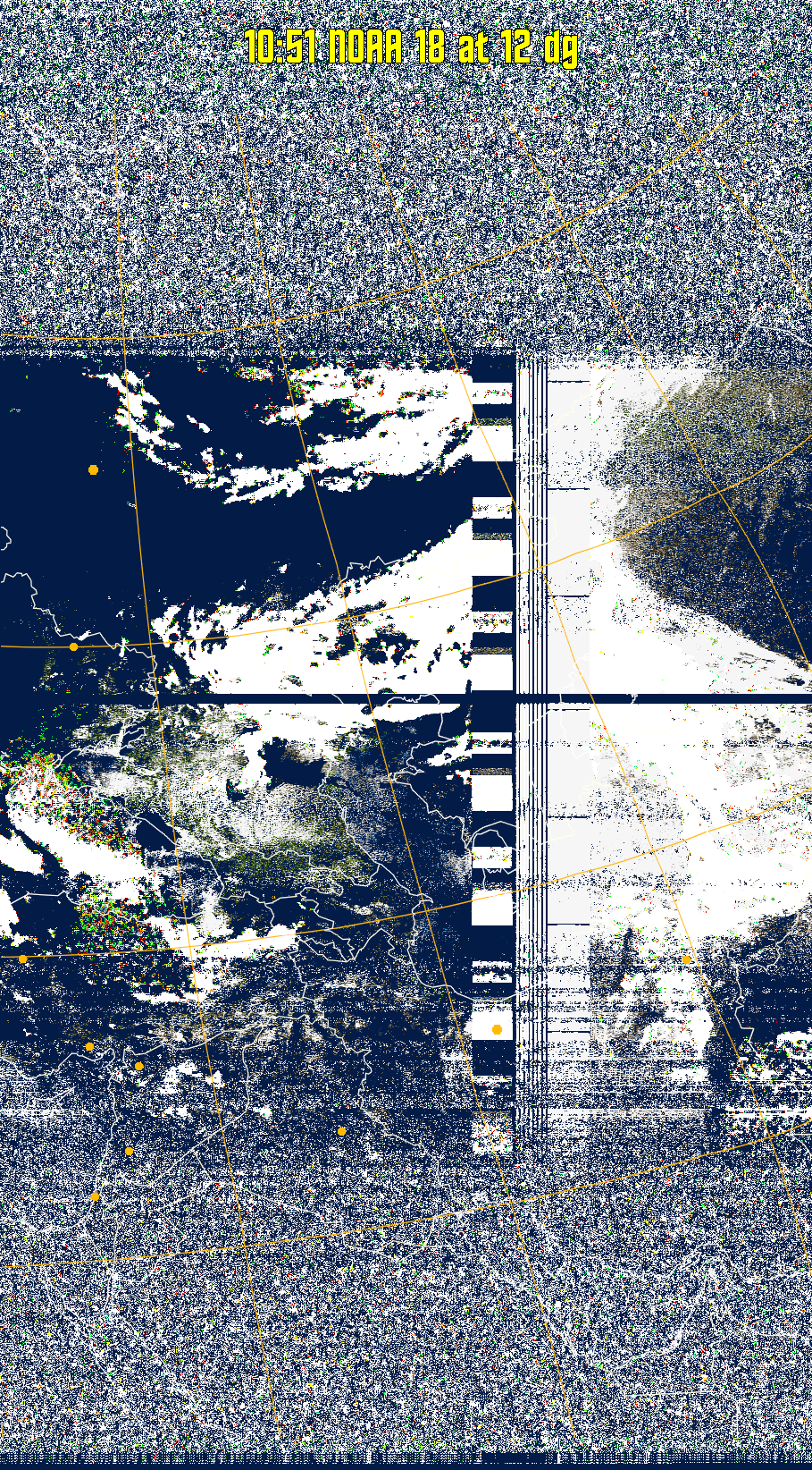MSA-precip:
Same as MSA multispectral analysis, but high cold cloud tops are coloured the
same as the NO enhancement to give an approximate indication of the probability
and intensity of precipitation.
