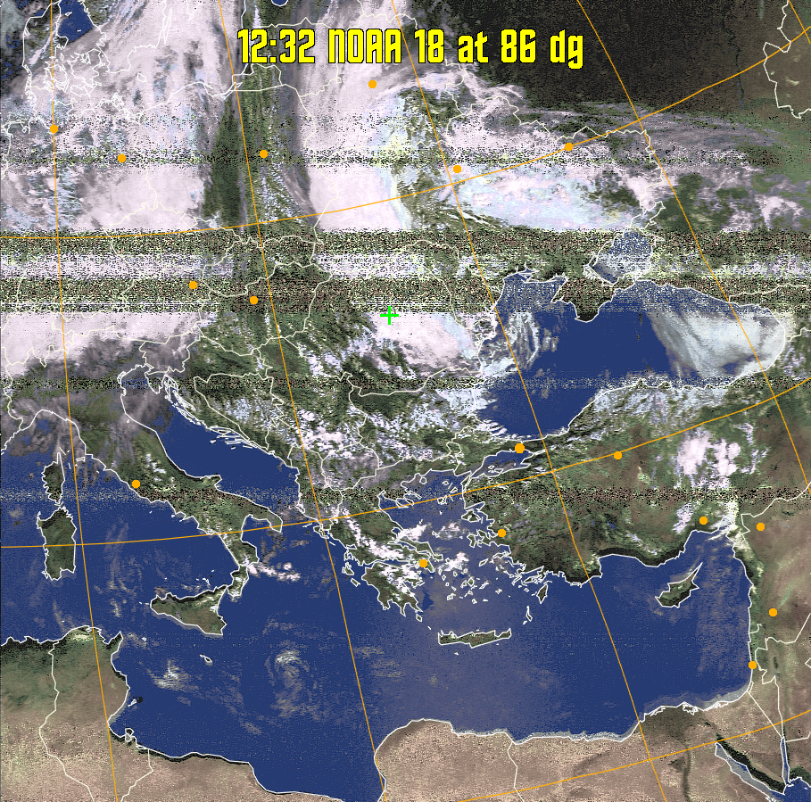 HVCT:
Similar to HVC, but with blue water and with colours more indicative of
land temperatures.
HVC:
Creates a false colour image from NOAA APT images based on temperature using
the HVC colour model. Uses the temperature derived from the sensor 4 image to
select the hue and the brightness from the histogram equalised other image to
select the value and chroma. The HVC colour model attempts to ensure that different colours at the same value will appear to the eye to be the same brightness
and the spacing between colours representing each degree will appear to the eye to
be similar. Bright areas are completely unsaturated in this model.