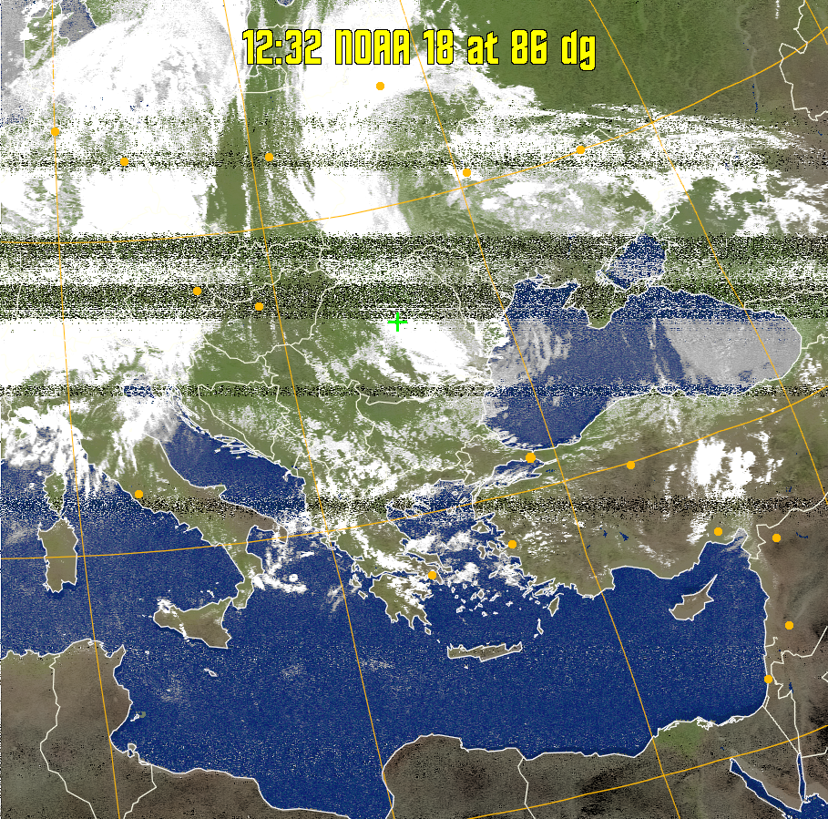 MCIR-precip: 
Colours the NOAA sensor 4 IR image using a map to colour the sea blue and land
green. High clouds appear white, lower clouds gray or land/sea coloured, clouds
generally appear lighter, but distinguishing between land/sea and low cloud may
be difficult. Darker colours indicate warmer regions.
