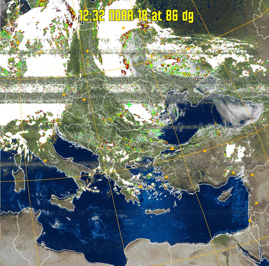 MSA-precip:
Same as MSA multispectral analysis, but high cold cloud tops are coloured the
same as the NO enhancement to give an approximate indication of the probability
and intensity of precipitation.