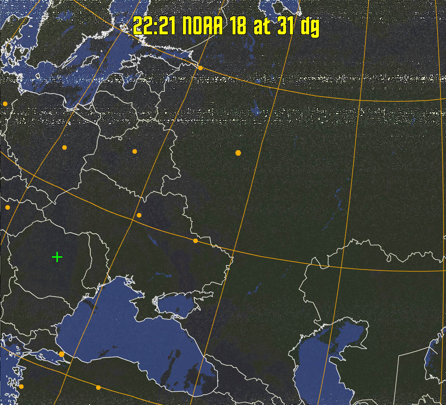 HVCT:
Similar to HVC, but with blue water and with colours more indicative of
land temperatures.
HVC:
Creates a false colour image from NOAA APT images based on temperature using
the HVC colour model. Uses the temperature derived from the sensor 4 image to
select the hue and the brightness from the histogram equalised other image to
select the value and chroma. The HVC colour model attempts to ensure that different colours at the same value will appear to the eye to be the same brightness
and the spacing between colours representing each degree will appear to the eye to
be similar. Bright areas are completely unsaturated in this model.
