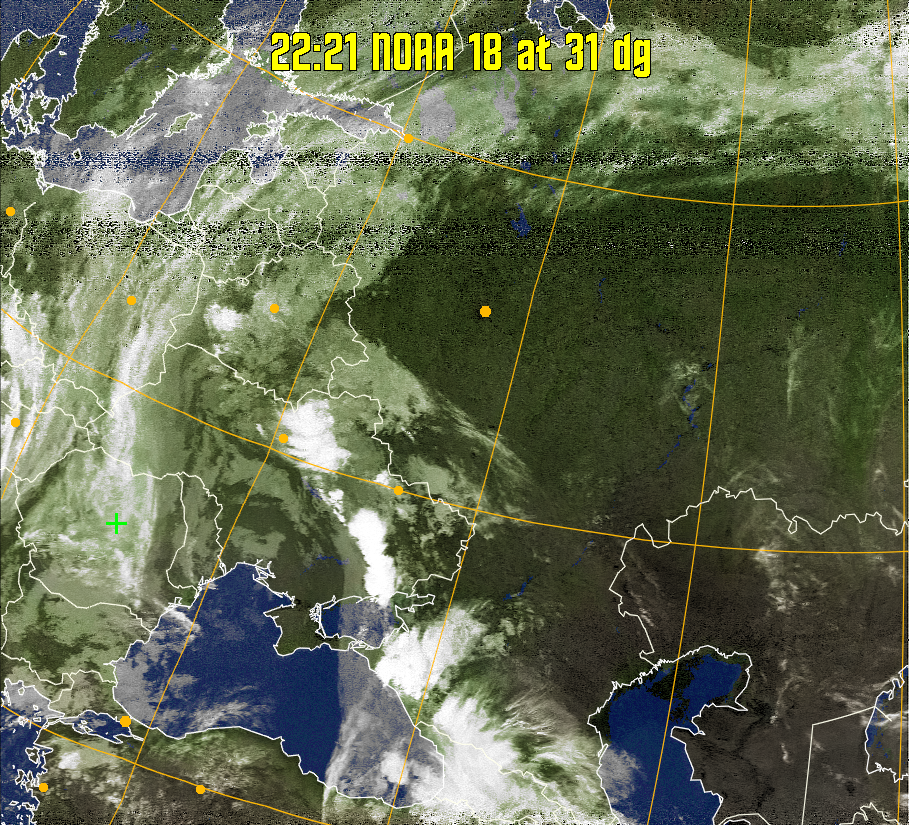 MCIR-precip: 
Colours the NOAA sensor 4 IR image using a map to colour the sea blue and land
green. High clouds appear white, lower clouds gray or land/sea coloured, clouds
generally appear lighter, but distinguishing between land/sea and low cloud may
be difficult. Darker colours indicate warmer regions.