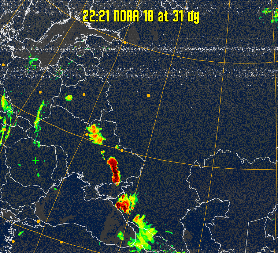 MSA-precip:
Same as MSA multispectral analysis, but high cold cloud tops are coloured the
same as the NO enhancement to give an approximate indication of the probability
and intensity of precipitation.