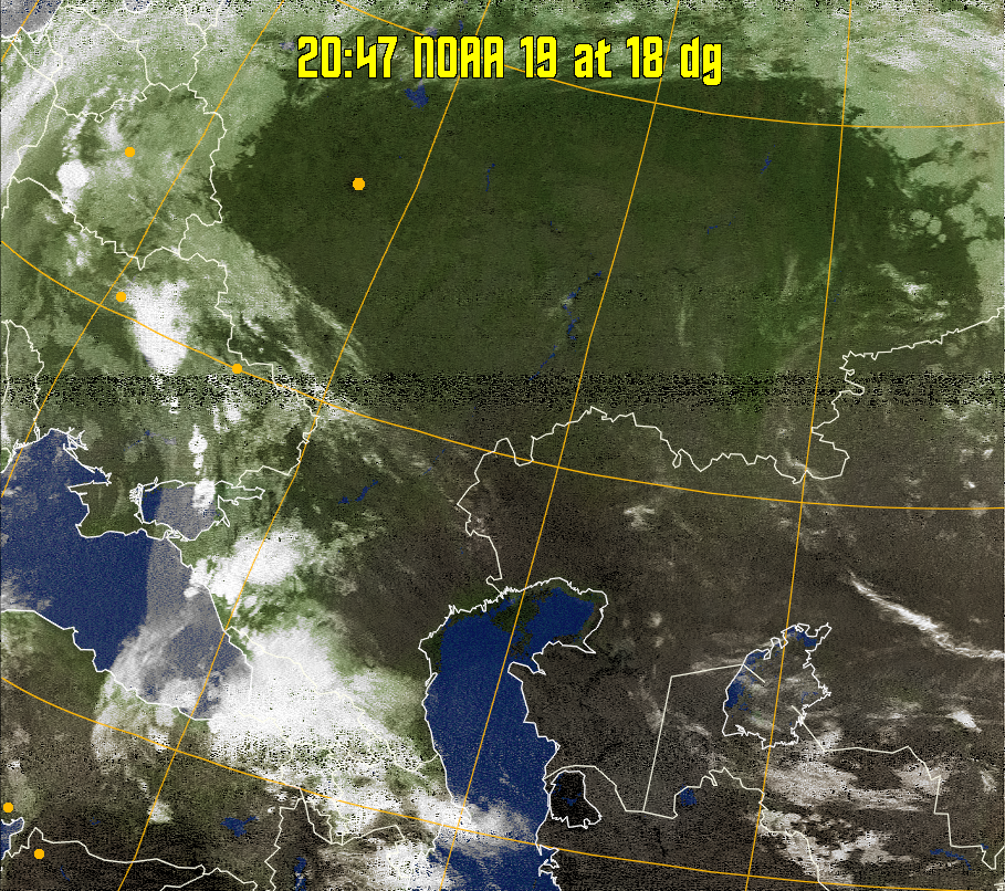 MCIR-precip: 
Colours the NOAA sensor 4 IR image using a map to colour the sea blue and land
green. High clouds appear white, lower clouds gray or land/sea coloured, clouds
generally appear lighter, but distinguishing between land/sea and low cloud may
be difficult. Darker colours indicate warmer regions.