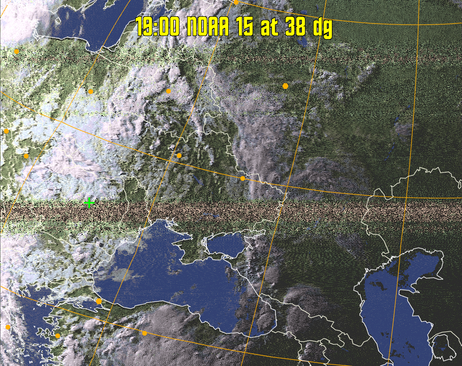 HVCT:
Similar to HVC, but with blue water and with colours more indicative of
land temperatures.
HVC:
Creates a false colour image from NOAA APT images based on temperature using
the HVC colour model. Uses the temperature derived from the sensor 4 image to
select the hue and the brightness from the histogram equalised other image to
select the value and chroma. The HVC colour model attempts to ensure that different colours at the same value will appear to the eye to be the same brightness
and the spacing between colours representing each degree will appear to the eye to
be similar. Bright areas are completely unsaturated in this model.