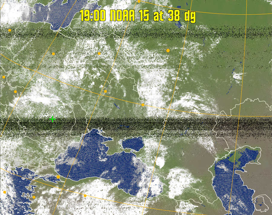 MCIR-precip: 
Colours the NOAA sensor 4 IR image using a map to colour the sea blue and land
green. High clouds appear white, lower clouds gray or land/sea coloured, clouds
generally appear lighter, but distinguishing between land/sea and low cloud may
be difficult. Darker colours indicate warmer regions.