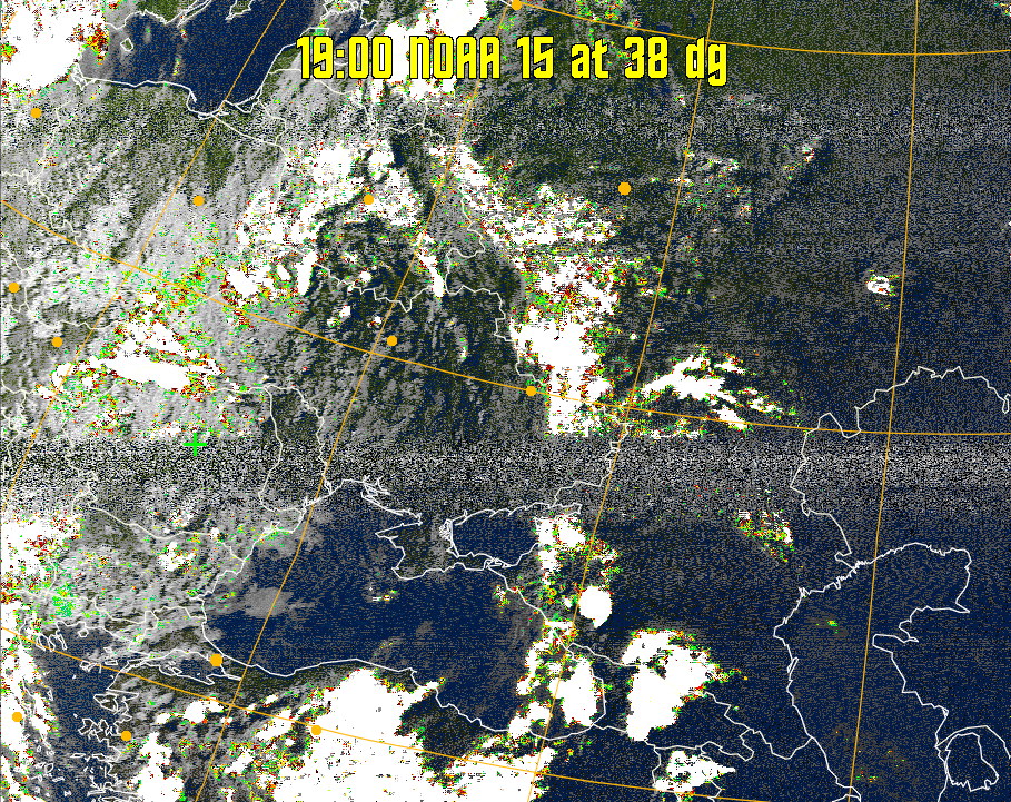 MSA-precip:
Same as MSA multispectral analysis, but high cold cloud tops are coloured the
same as the NO enhancement to give an approximate indication of the probability
and intensity of precipitation.