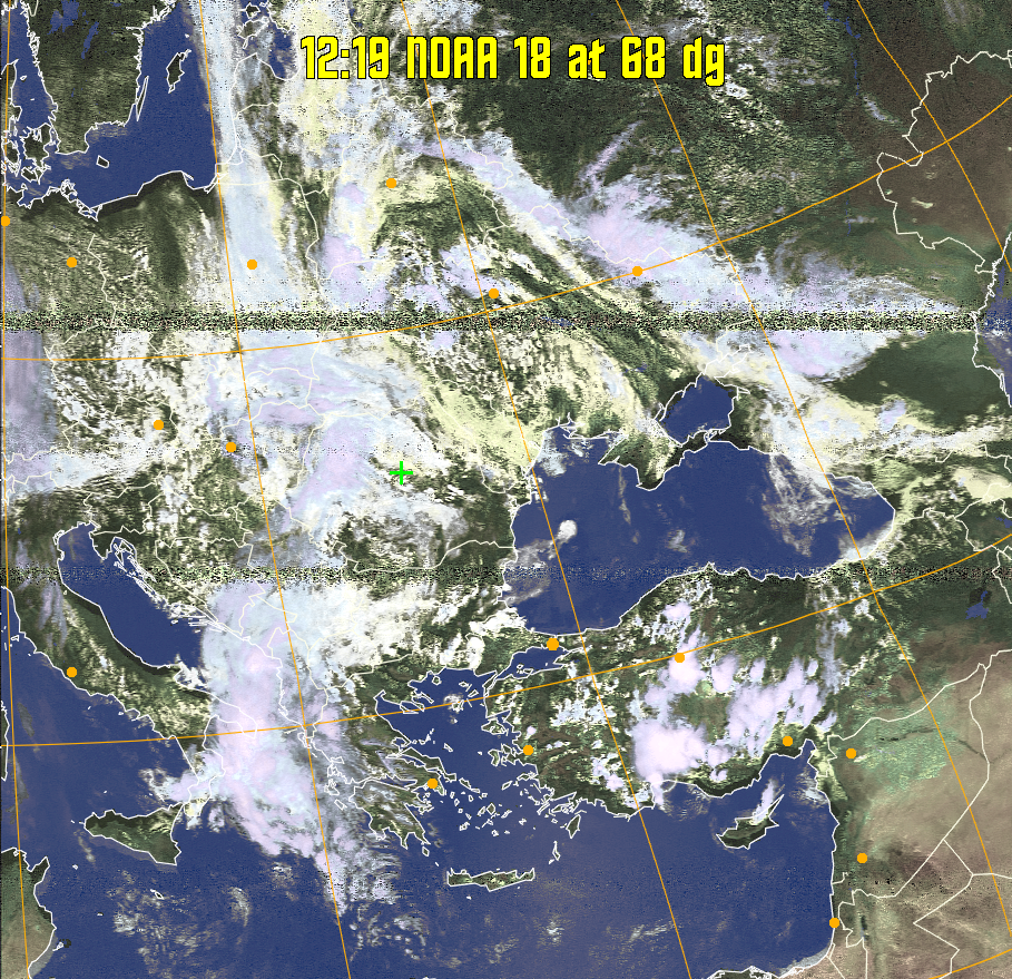 HVCT:
Similar to HVC, but with blue water and with colours more indicative of
land temperatures.
HVC:
Creates a false colour image from NOAA APT images based on temperature using
the HVC colour model. Uses the temperature derived from the sensor 4 image to
select the hue and the brightness from the histogram equalised other image to
select the value and chroma. The HVC colour model attempts to ensure that different colours at the same value will appear to the eye to be the same brightness
and the spacing between colours representing each degree will appear to the eye to
be similar. Bright areas are completely unsaturated in this model.