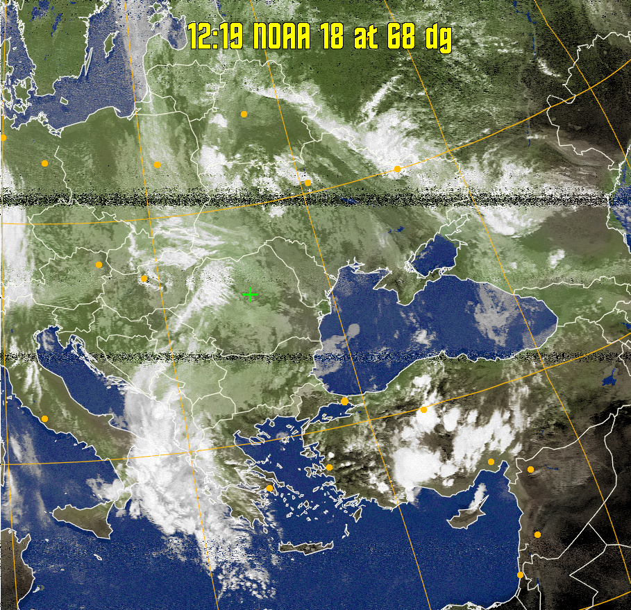 MCIR-precip: 
Colours the NOAA sensor 4 IR image using a map to colour the sea blue and land
green. High clouds appear white, lower clouds gray or land/sea coloured, clouds
generally appear lighter, but distinguishing between land/sea and low cloud may
be difficult. Darker colours indicate warmer regions.