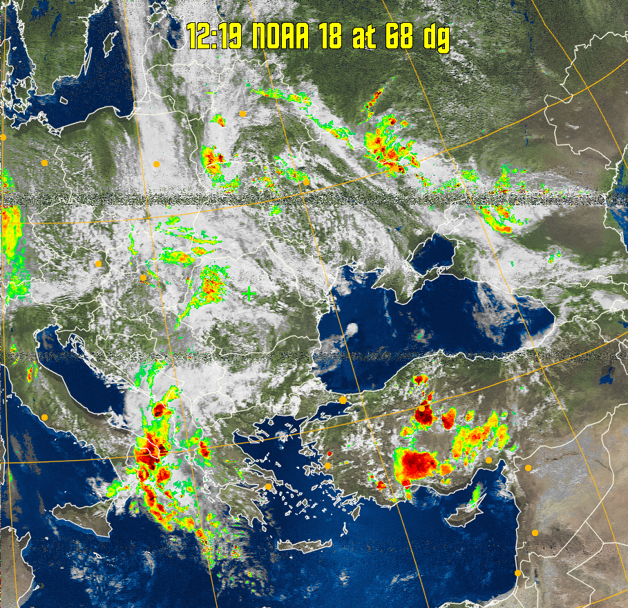 MSA-precip:
Same as MSA multispectral analysis, but high cold cloud tops are coloured the
same as the NO enhancement to give an approximate indication of the probability
and intensity of precipitation.