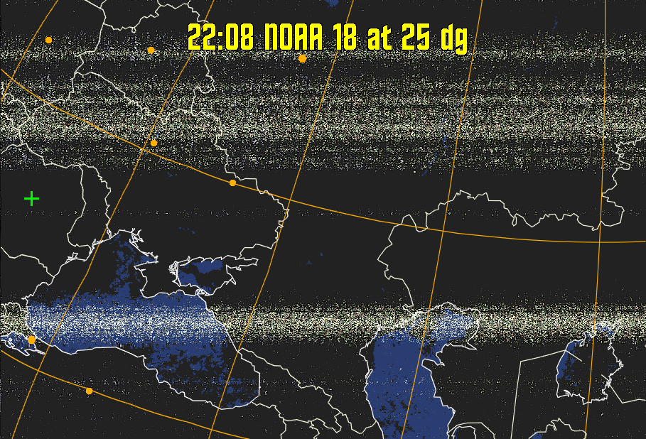 HVCT:
Similar to HVC, but with blue water and with colours more indicative of
land temperatures.
HVC:
Creates a false colour image from NOAA APT images based on temperature using
the HVC colour model. Uses the temperature derived from the sensor 4 image to
select the hue and the brightness from the histogram equalised other image to
select the value and chroma. The HVC colour model attempts to ensure that different colours at the same value will appear to the eye to be the same brightness
and the spacing between colours representing each degree will appear to the eye to
be similar. Bright areas are completely unsaturated in this model.