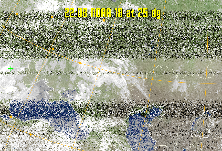 MCIR-precip: 
Colours the NOAA sensor 4 IR image using a map to colour the sea blue and land
green. High clouds appear white, lower clouds gray or land/sea coloured, clouds
generally appear lighter, but distinguishing between land/sea and low cloud may
be difficult. Darker colours indicate warmer regions.