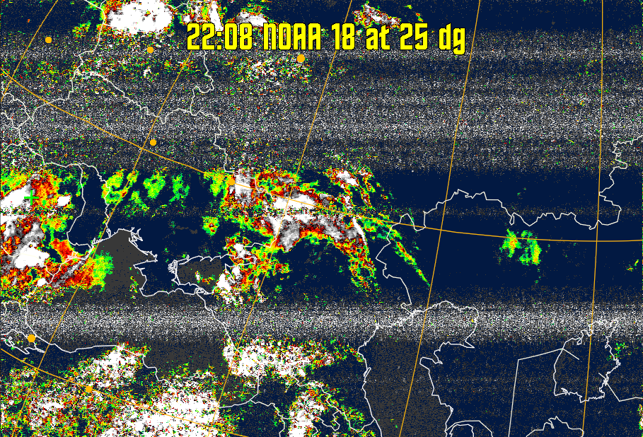 MSA-precip:
Same as MSA multispectral analysis, but high cold cloud tops are coloured the
same as the NO enhancement to give an approximate indication of the probability
and intensity of precipitation.