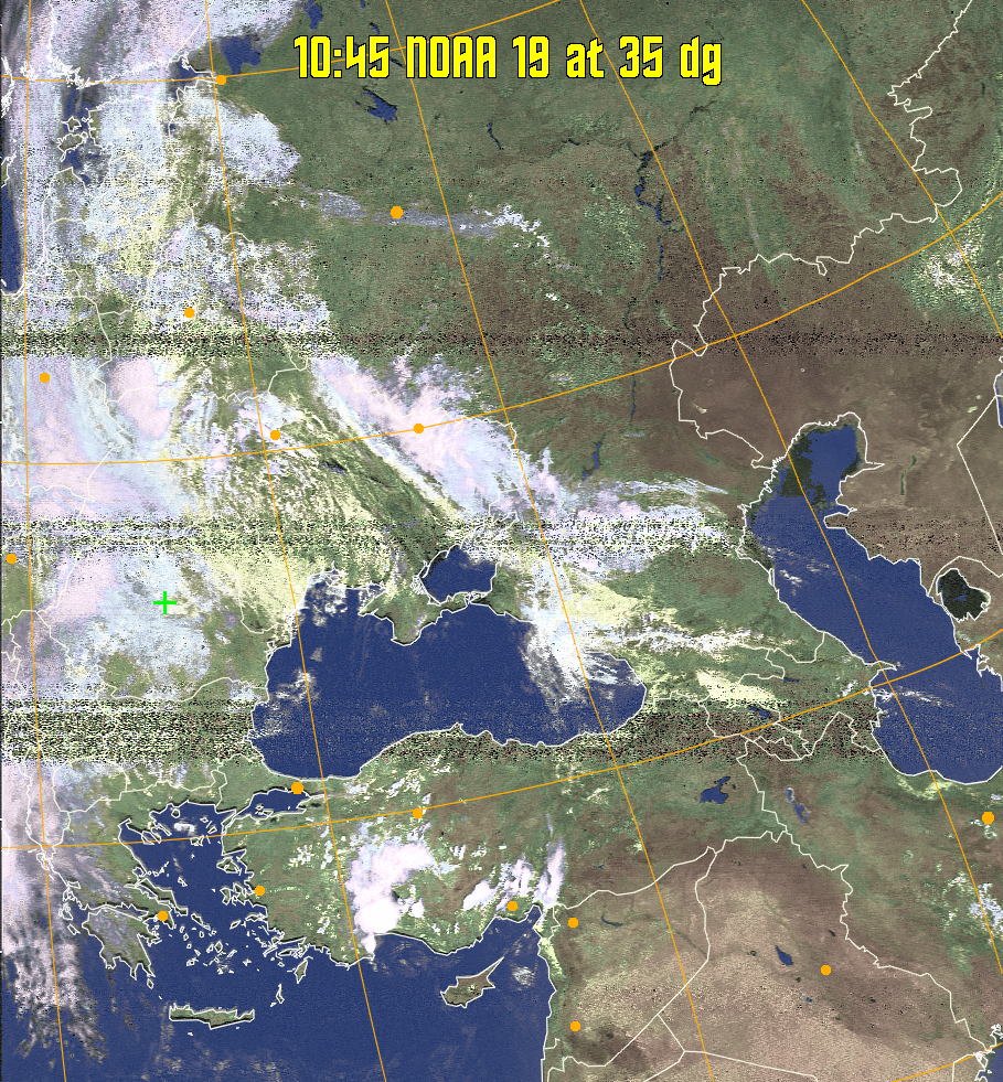 HVCT:
Similar to HVC, but with blue water and with colours more indicative of
land temperatures.
HVC:
Creates a false colour image from NOAA APT images based on temperature using
the HVC colour model. Uses the temperature derived from the sensor 4 image to
select the hue and the brightness from the histogram equalised other image to
select the value and chroma. The HVC colour model attempts to ensure that different colours at the same value will appear to the eye to be the same brightness
and the spacing between colours representing each degree will appear to the eye to
be similar. Bright areas are completely unsaturated in this model.