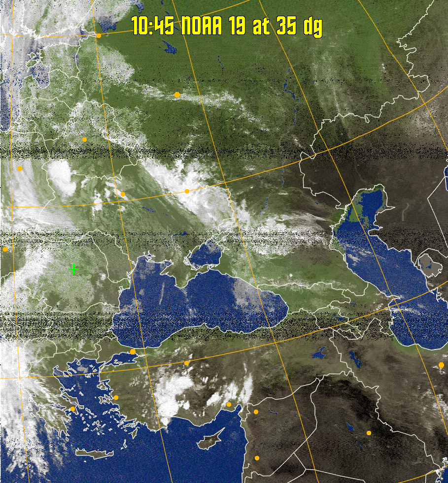 MCIR-precip: 
Colours the NOAA sensor 4 IR image using a map to colour the sea blue and land
green. High clouds appear white, lower clouds gray or land/sea coloured, clouds
generally appear lighter, but distinguishing between land/sea and low cloud may
be difficult. Darker colours indicate warmer regions.