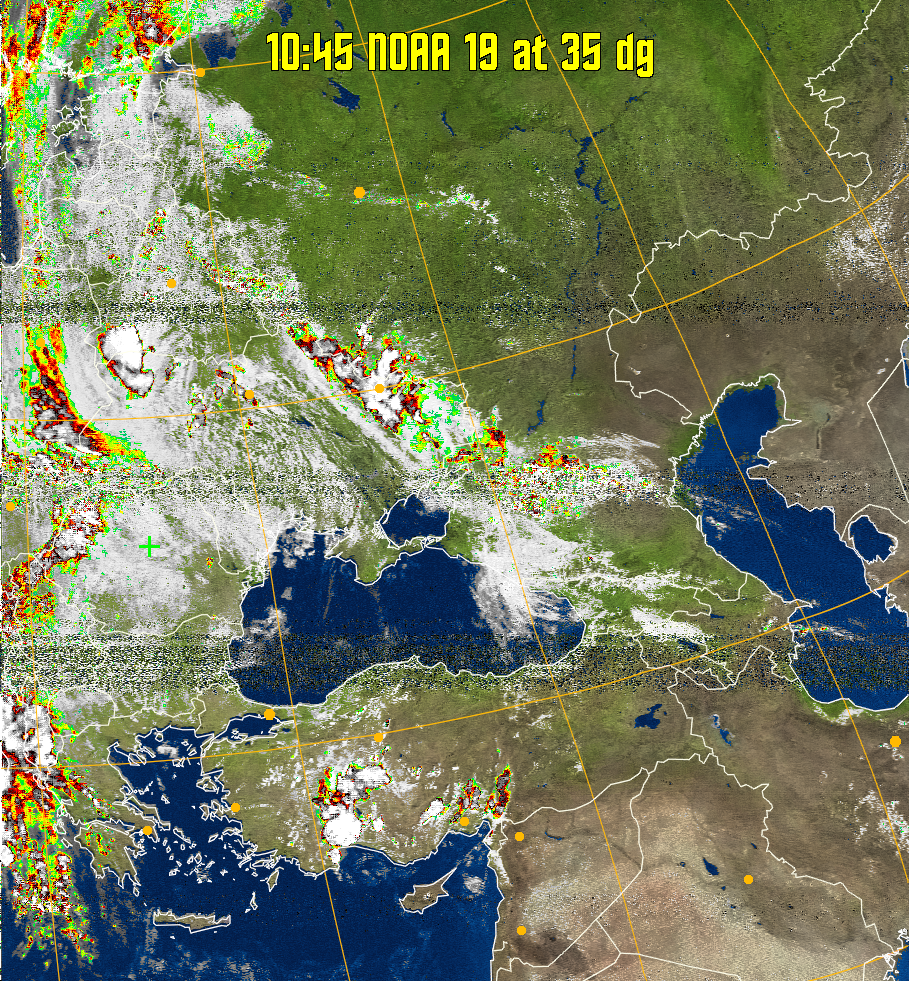 MSA-precip:
Same as MSA multispectral analysis, but high cold cloud tops are coloured the
same as the NO enhancement to give an approximate indication of the probability
and intensity of precipitation.
