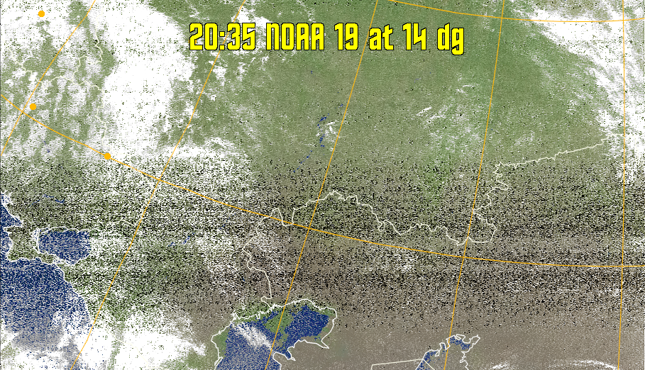 MCIR-precip: 
Colours the NOAA sensor 4 IR image using a map to colour the sea blue and land
green. High clouds appear white, lower clouds gray or land/sea coloured, clouds
generally appear lighter, but distinguishing between land/sea and low cloud may
be difficult. Darker colours indicate warmer regions.