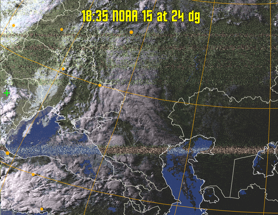 HVCT:
Similar to HVC, but with blue water and with colours more indicative of
land temperatures.
HVC:
Creates a false colour image from NOAA APT images based on temperature using
the HVC colour model. Uses the temperature derived from the sensor 4 image to
select the hue and the brightness from the histogram equalised other image to
select the value and chroma. The HVC colour model attempts to ensure that different colours at the same value will appear to the eye to be the same brightness
and the spacing between colours representing each degree will appear to the eye to
be similar. Bright areas are completely unsaturated in this model.
