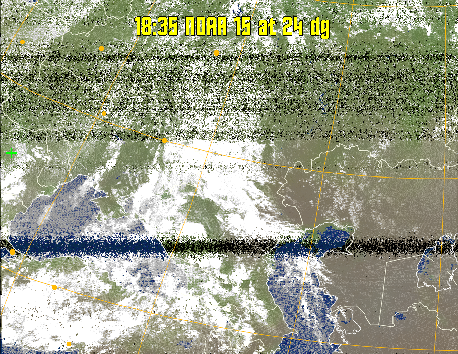 MCIR-precip: 
Colours the NOAA sensor 4 IR image using a map to colour the sea blue and land
green. High clouds appear white, lower clouds gray or land/sea coloured, clouds
generally appear lighter, but distinguishing between land/sea and low cloud may
be difficult. Darker colours indicate warmer regions.
