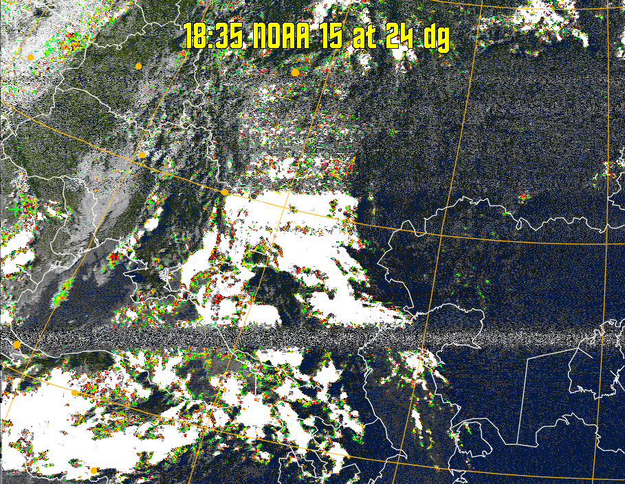 MSA-precip:
Same as MSA multispectral analysis, but high cold cloud tops are coloured the
same as the NO enhancement to give an approximate indication of the probability
and intensity of precipitation.