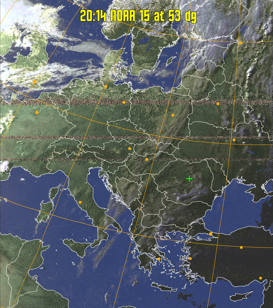 HVCT:
Similar to HVC, but with blue water and with colours more indicative of
land temperatures.
HVC:
Creates a false colour image from NOAA APT images based on temperature using
the HVC colour model. Uses the temperature derived from the sensor 4 image to
select the hue and the brightness from the histogram equalised other image to
select the value and chroma. The HVC colour model attempts to ensure that different colours at the same value will appear to the eye to be the same brightness
and the spacing between colours representing each degree will appear to the eye to
be similar. Bright areas are completely unsaturated in this model.