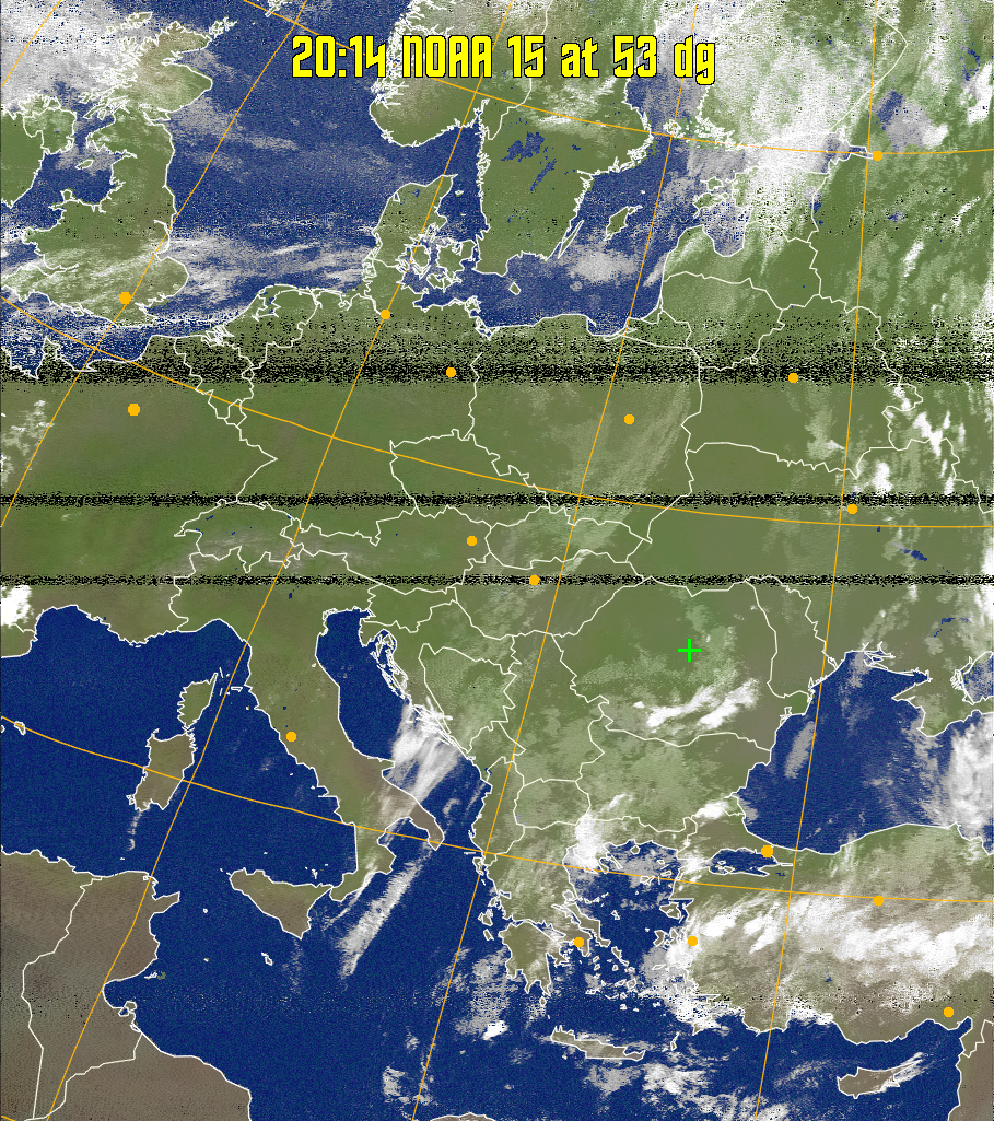 MCIR-precip: 
Colours the NOAA sensor 4 IR image using a map to colour the sea blue and land
green. High clouds appear white, lower clouds gray or land/sea coloured, clouds
generally appear lighter, but distinguishing between land/sea and low cloud may
be difficult. Darker colours indicate warmer regions.
