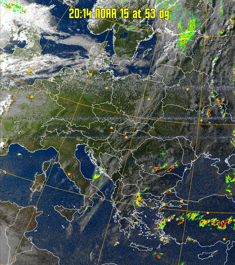 MSA-precip:
Same as MSA multispectral analysis, but high cold cloud tops are coloured the
same as the NO enhancement to give an approximate indication of the probability
and intensity of precipitation.