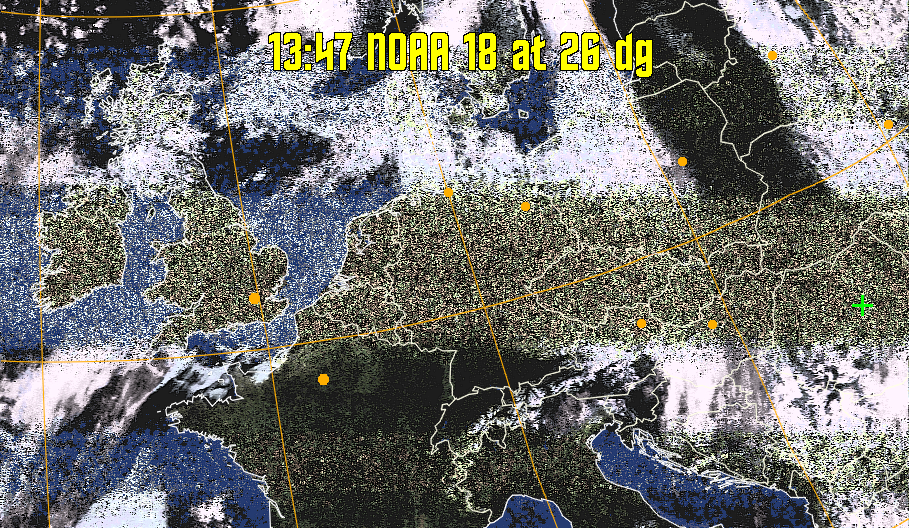 HVCT:
Similar to HVC, but with blue water and with colours more indicative of
land temperatures.
HVC:
Creates a false colour image from NOAA APT images based on temperature using
the HVC colour model. Uses the temperature derived from the sensor 4 image to
select the hue and the brightness from the histogram equalised other image to
select the value and chroma. The HVC colour model attempts to ensure that different colours at the same value will appear to the eye to be the same brightness
and the spacing between colours representing each degree will appear to the eye to
be similar. Bright areas are completely unsaturated in this model.