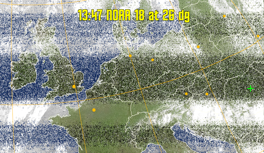 MCIR-precip: 
Colours the NOAA sensor 4 IR image using a map to colour the sea blue and land
green. High clouds appear white, lower clouds gray or land/sea coloured, clouds
generally appear lighter, but distinguishing between land/sea and low cloud may
be difficult. Darker colours indicate warmer regions.