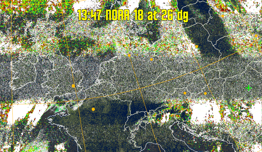 MSA-precip:
Same as MSA multispectral analysis, but high cold cloud tops are coloured the
same as the NO enhancement to give an approximate indication of the probability
and intensity of precipitation.