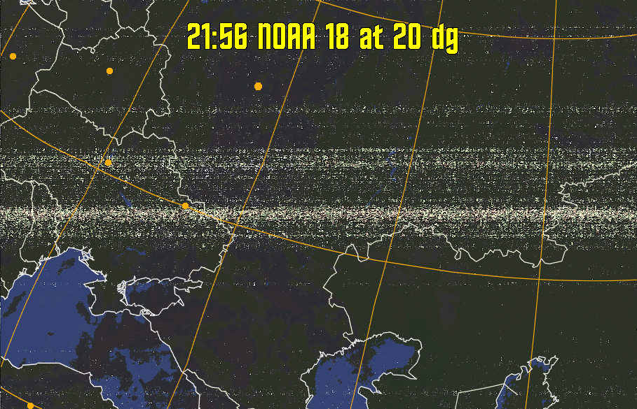 HVCT:
Similar to HVC, but with blue water and with colours more indicative of
land temperatures.
HVC:
Creates a false colour image from NOAA APT images based on temperature using
the HVC colour model. Uses the temperature derived from the sensor 4 image to
select the hue and the brightness from the histogram equalised other image to
select the value and chroma. The HVC colour model attempts to ensure that different colours at the same value will appear to the eye to be the same brightness
and the spacing between colours representing each degree will appear to the eye to
be similar. Bright areas are completely unsaturated in this model.