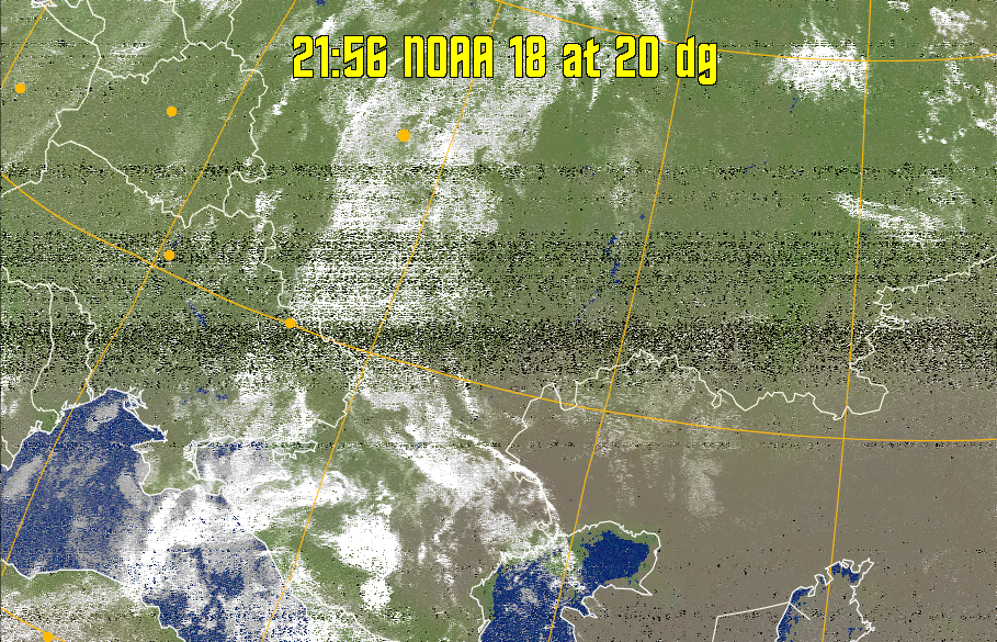 MCIR-precip: 
Colours the NOAA sensor 4 IR image using a map to colour the sea blue and land
green. High clouds appear white, lower clouds gray or land/sea coloured, clouds
generally appear lighter, but distinguishing between land/sea and low cloud may
be difficult. Darker colours indicate warmer regions.
