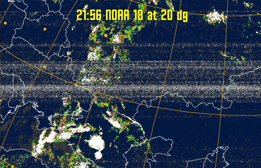 MSA-precip:
Same as MSA multispectral analysis, but high cold cloud tops are coloured the
same as the NO enhancement to give an approximate indication of the probability
and intensity of precipitation.