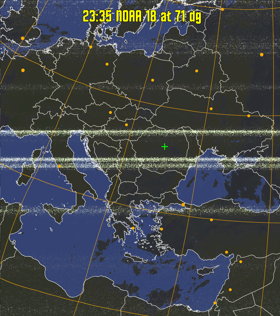 HVCT:
Similar to HVC, but with blue water and with colours more indicative of
land temperatures.
HVC:
Creates a false colour image from NOAA APT images based on temperature using
the HVC colour model. Uses the temperature derived from the sensor 4 image to
select the hue and the brightness from the histogram equalised other image to
select the value and chroma. The HVC colour model attempts to ensure that different colours at the same value will appear to the eye to be the same brightness
and the spacing between colours representing each degree will appear to the eye to
be similar. Bright areas are completely unsaturated in this model.