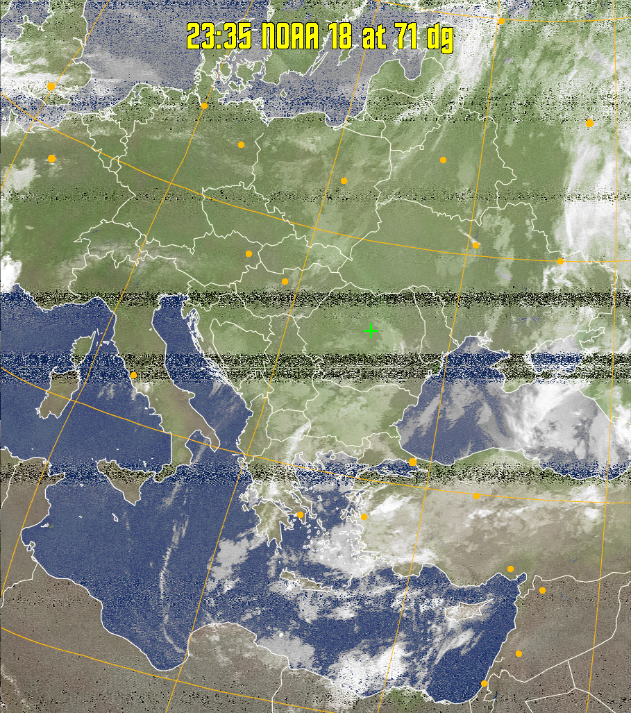 MCIR-precip: 
Colours the NOAA sensor 4 IR image using a map to colour the sea blue and land
green. High clouds appear white, lower clouds gray or land/sea coloured, clouds
generally appear lighter, but distinguishing between land/sea and low cloud may
be difficult. Darker colours indicate warmer regions.