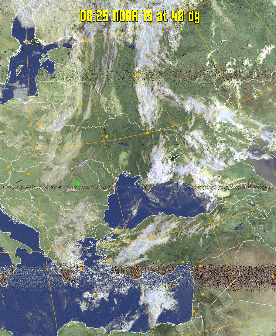 HVCT:
Similar to HVC, but with blue water and with colours more indicative of
land temperatures.
HVC:
Creates a false colour image from NOAA APT images based on temperature using
the HVC colour model. Uses the temperature derived from the sensor 4 image to
select the hue and the brightness from the histogram equalised other image to
select the value and chroma. The HVC colour model attempts to ensure that different colours at the same value will appear to the eye to be the same brightness
and the spacing between colours representing each degree will appear to the eye to
be similar. Bright areas are completely unsaturated in this model.