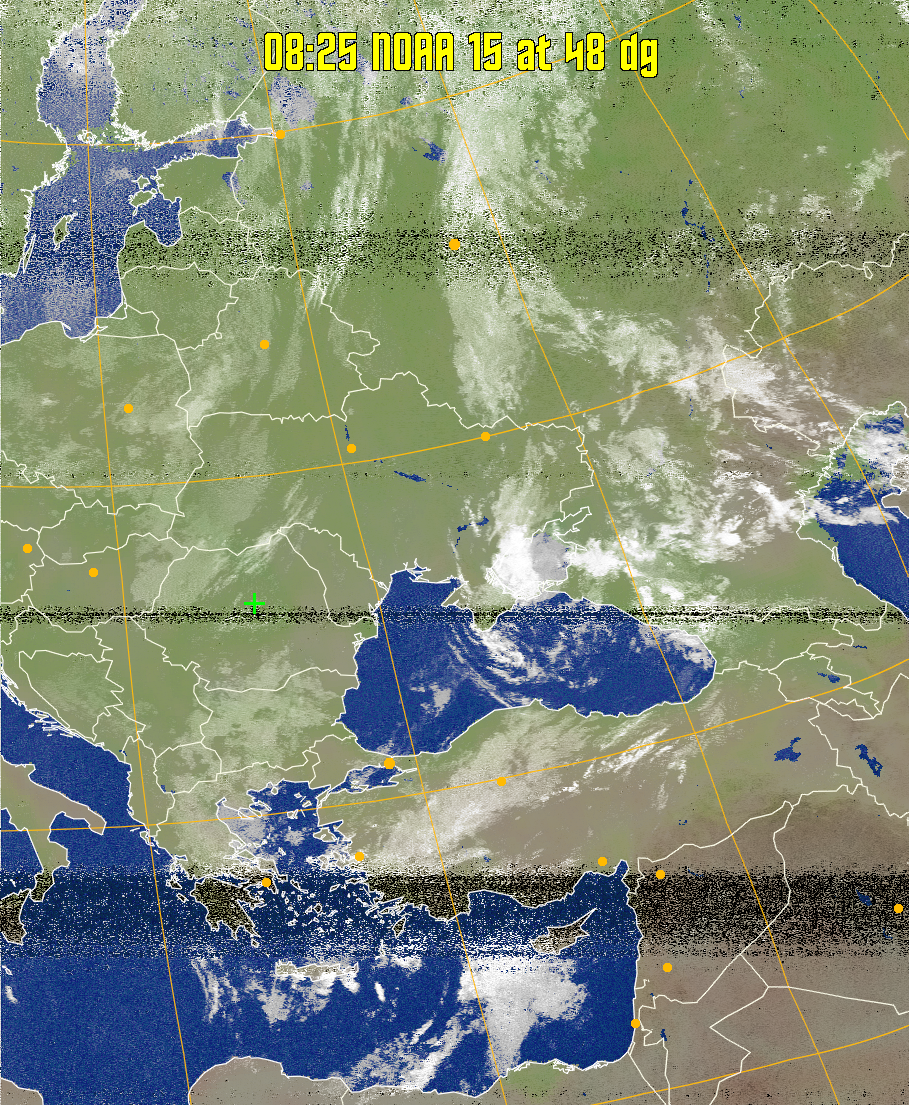 MCIR-precip: 
Colours the NOAA sensor 4 IR image using a map to colour the sea blue and land
green. High clouds appear white, lower clouds gray or land/sea coloured, clouds
generally appear lighter, but distinguishing between land/sea and low cloud may
be difficult. Darker colours indicate warmer regions.