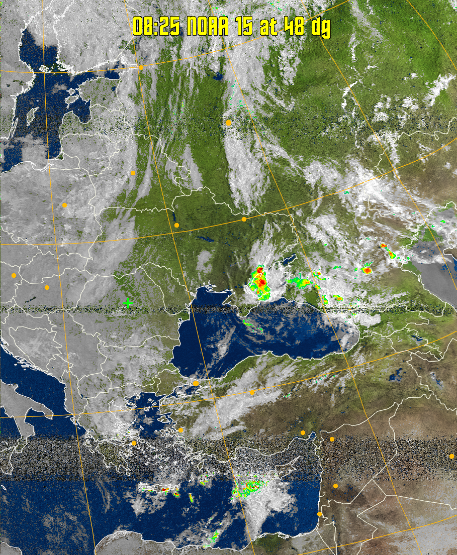 MSA-precip:
Same as MSA multispectral analysis, but high cold cloud tops are coloured the
same as the NO enhancement to give an approximate indication of the probability
and intensity of precipitation.
