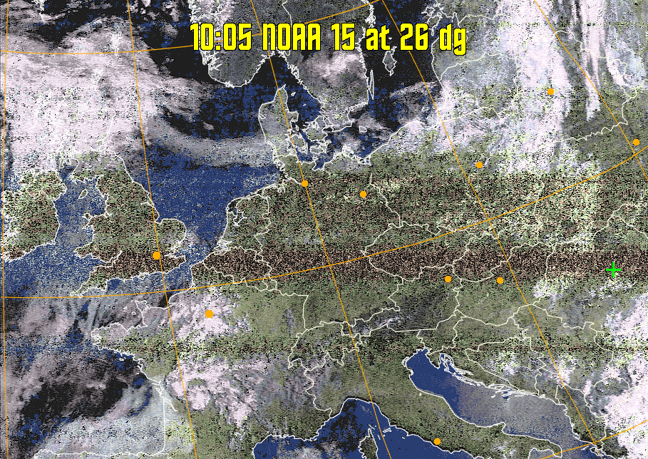 HVCT:
Similar to HVC, but with blue water and with colours more indicative of
land temperatures.
HVC:
Creates a false colour image from NOAA APT images based on temperature using
the HVC colour model. Uses the temperature derived from the sensor 4 image to
select the hue and the brightness from the histogram equalised other image to
select the value and chroma. The HVC colour model attempts to ensure that different colours at the same value will appear to the eye to be the same brightness
and the spacing between colours representing each degree will appear to the eye to
be similar. Bright areas are completely unsaturated in this model.