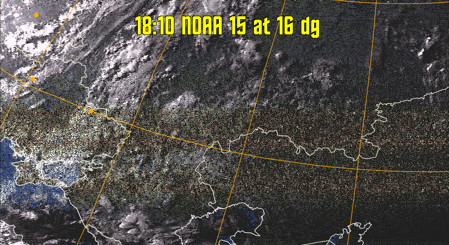 HVCT:
Similar to HVC, but with blue water and with colours more indicative of
land temperatures.
HVC:
Creates a false colour image from NOAA APT images based on temperature using
the HVC colour model. Uses the temperature derived from the sensor 4 image to
select the hue and the brightness from the histogram equalised other image to
select the value and chroma. The HVC colour model attempts to ensure that different colours at the same value will appear to the eye to be the same brightness
and the spacing between colours representing each degree will appear to the eye to
be similar. Bright areas are completely unsaturated in this model.