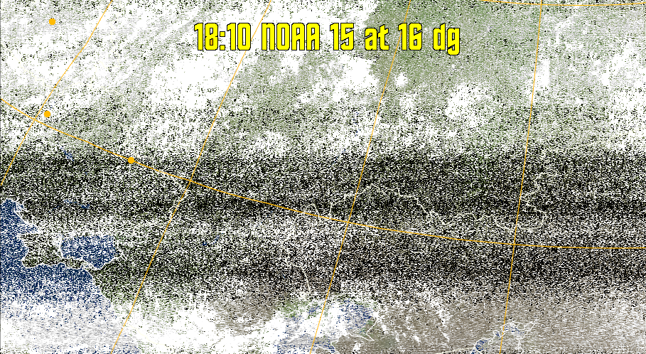 MCIR-precip: 
Colours the NOAA sensor 4 IR image using a map to colour the sea blue and land
green. High clouds appear white, lower clouds gray or land/sea coloured, clouds
generally appear lighter, but distinguishing between land/sea and low cloud may
be difficult. Darker colours indicate warmer regions.