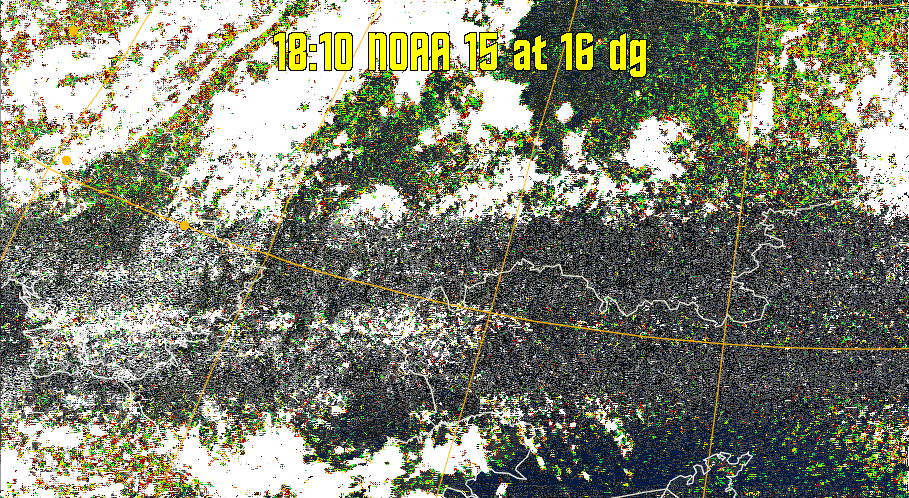 MSA-precip:
Same as MSA multispectral analysis, but high cold cloud tops are coloured the
same as the NO enhancement to give an approximate indication of the probability
and intensity of precipitation.