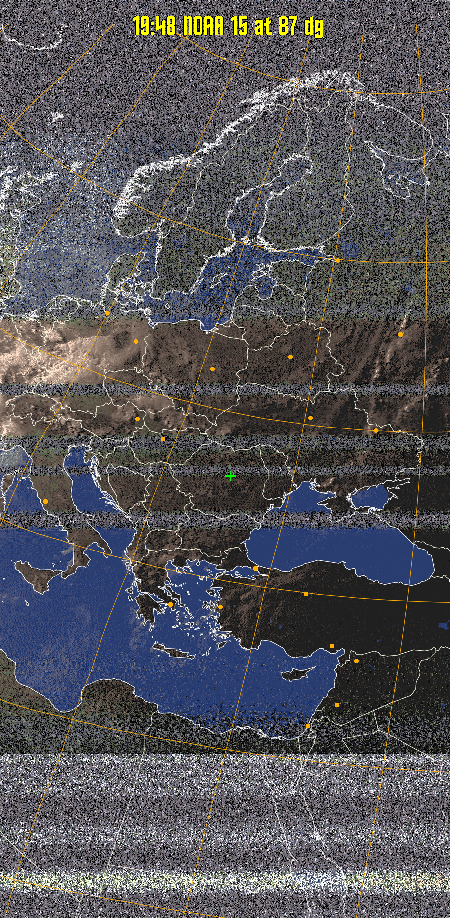 HVCT:
Similar to HVC, but with blue water and with colours more indicative of
land temperatures.
HVC:
Creates a false colour image from NOAA APT images based on temperature using
the HVC colour model. Uses the temperature derived from the sensor 4 image to
select the hue and the brightness from the histogram equalised other image to
select the value and chroma. The HVC colour model attempts to ensure that different colours at the same value will appear to the eye to be the same brightness
and the spacing between colours representing each degree will appear to the eye to
be similar. Bright areas are completely unsaturated in this model.