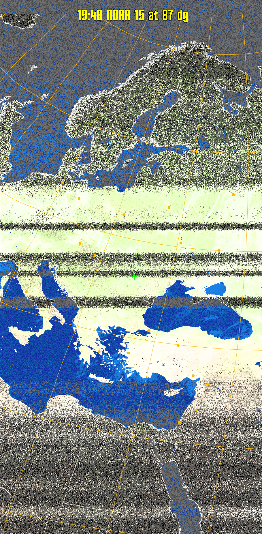 MCIR-precip: 
Colours the NOAA sensor 4 IR image using a map to colour the sea blue and land
green. High clouds appear white, lower clouds gray or land/sea coloured, clouds
generally appear lighter, but distinguishing between land/sea and low cloud may
be difficult. Darker colours indicate warmer regions.