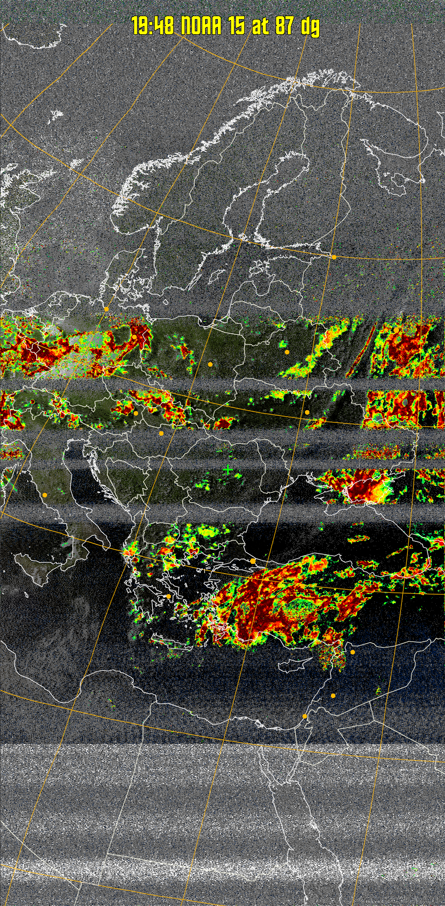 MSA-precip:
Same as MSA multispectral analysis, but high cold cloud tops are coloured the
same as the NO enhancement to give an approximate indication of the probability
and intensity of precipitation.