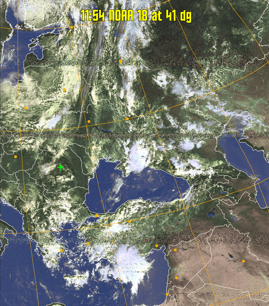 HVCT:
Similar to HVC, but with blue water and with colours more indicative of
land temperatures.
HVC:
Creates a false colour image from NOAA APT images based on temperature using
the HVC colour model. Uses the temperature derived from the sensor 4 image to
select the hue and the brightness from the histogram equalised other image to
select the value and chroma. The HVC colour model attempts to ensure that different colours at the same value will appear to the eye to be the same brightness
and the spacing between colours representing each degree will appear to the eye to
be similar. Bright areas are completely unsaturated in this model.