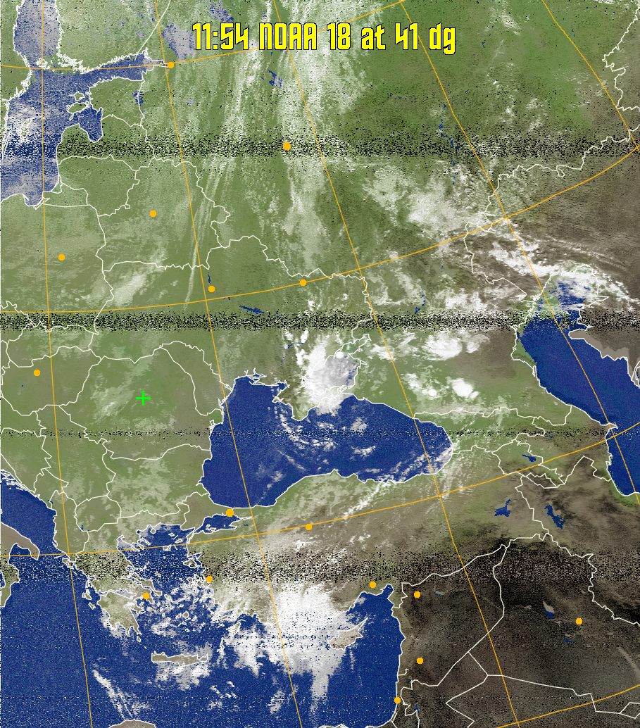 MCIR-precip: 
Colours the NOAA sensor 4 IR image using a map to colour the sea blue and land
green. High clouds appear white, lower clouds gray or land/sea coloured, clouds
generally appear lighter, but distinguishing between land/sea and low cloud may
be difficult. Darker colours indicate warmer regions.