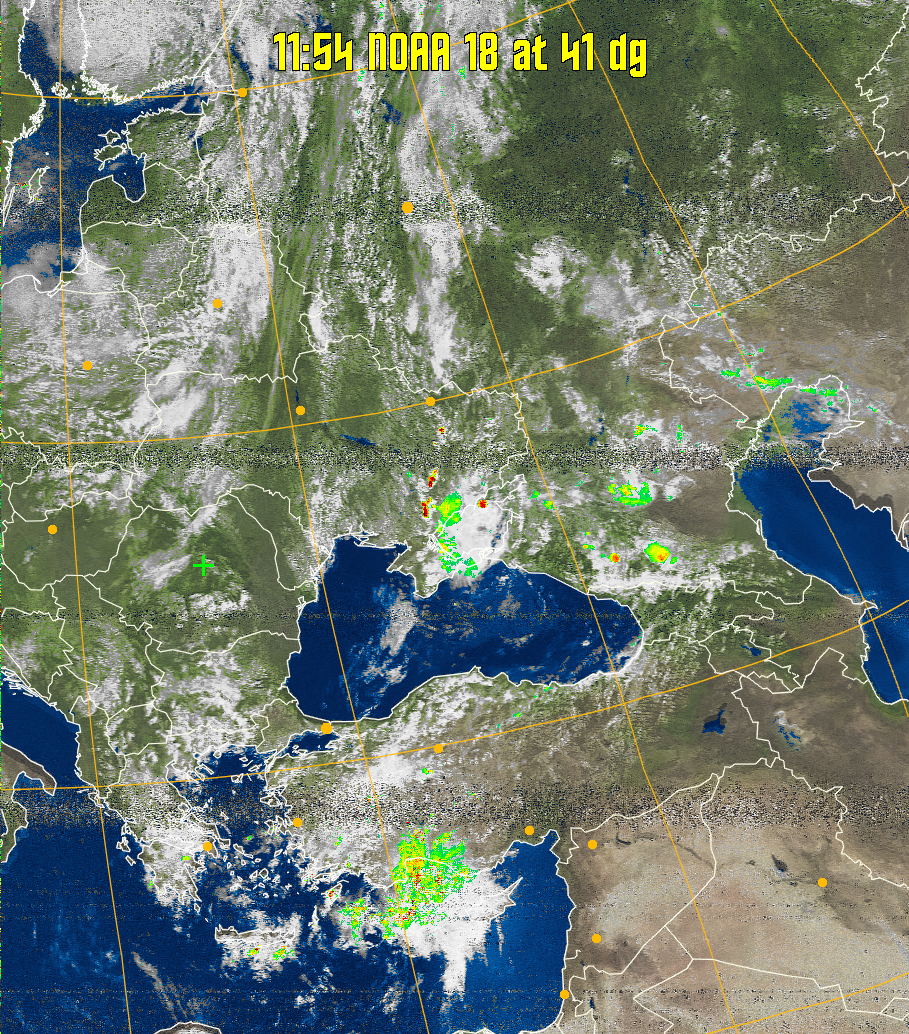 MSA-precip:
Same as MSA multispectral analysis, but high cold cloud tops are coloured the
same as the NO enhancement to give an approximate indication of the probability
and intensity of precipitation.